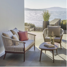 Outdoor Rattan Weave Eucalyptus Wood Sofa with Sun Protection for Garden Patio Courtyard Inn Simple Wooden Sofa Table and Chairs Outdoor Rattan Weave Eucalyptus Wood Sofa with Sun Protection for Garden Patio Courtyard Inn Simple Wooden Sofa Table and Chairs