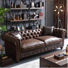 American Retro Buckle Leather Fabric Sofa European Double Three Four Corner Section Genuine Leather Sofa