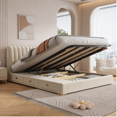 Light Luxury Fabric Bed Modern Simple Cream Wind Master Bedroom Highend Atmosphere Double Floor Bed Light Luxury Fabric Bed Modern Simple Cream Wind Master Bedroom Highend Atmosphere Double Floor Bed