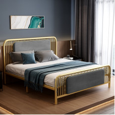 Luxury Fabric Upholstered Iron Twin Bed European Minimalist 120cm 150cm Apartment Gold Iron Bed Luxury Fabric Upholstered Iron Twin Bed European Minimalist 120cm 150cm Apartment Gold Iron Bed