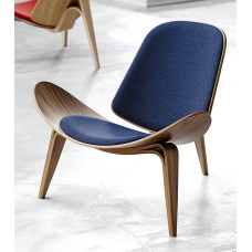 Hans Wegner Style Three Legged Shell Chair In Blue Fabric