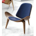 Hans Wegner Style Three Legged Shell Chair In Blue Fabric